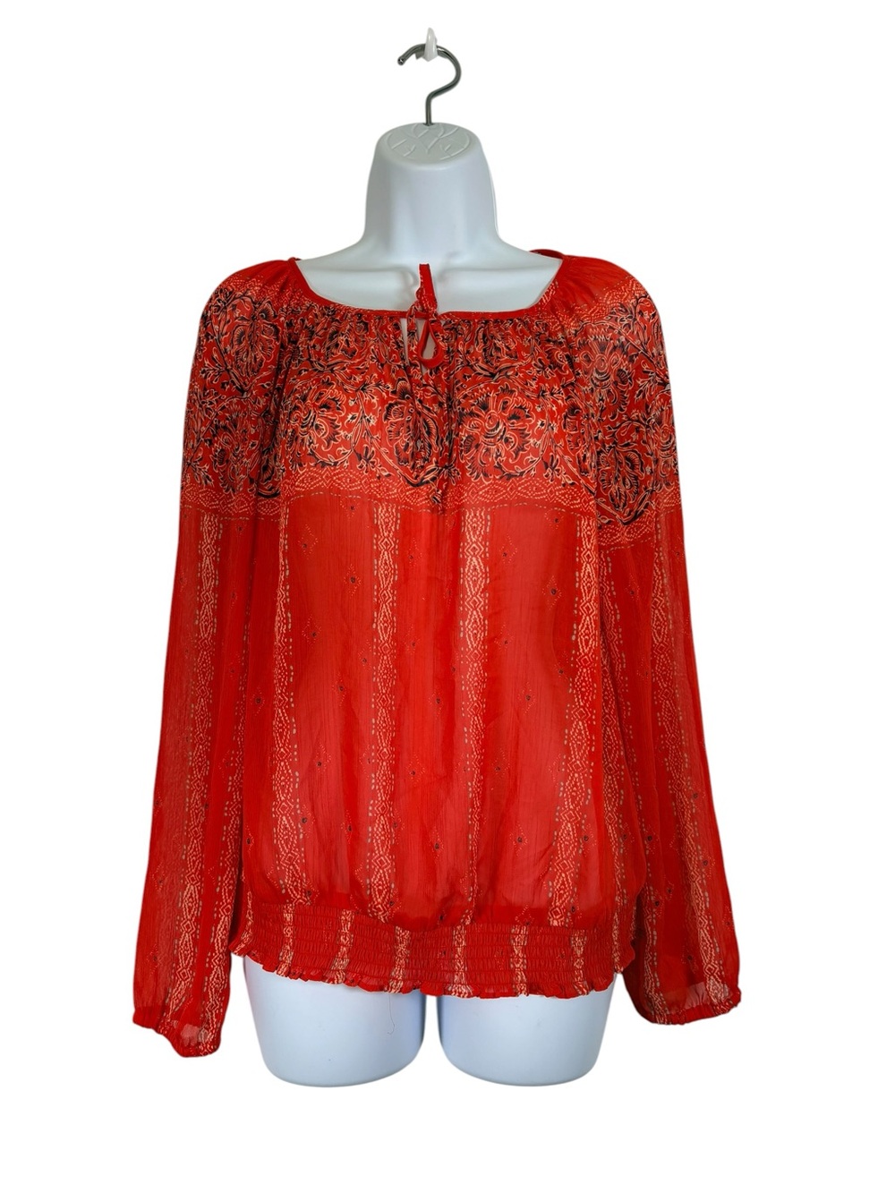 Lucky Brand Peasant Boho Blouse Red Sheer Paisley Print Smocked Top Medium